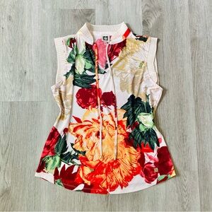 Anne Klein Floral Sleeveless High Collar Tie Neck Top